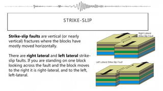 STRIKE-SLIP
Strike-slip faults are vertical (or nearly
vertical) fractures where the blocks have
mostly moved horizontally.
There are right lateral and left lateral strike-
slip faults. If you are standing on one block
looking across the fault and the block moves
to the right it is right-lateral, and to the left,
left-lateral.
 