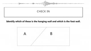 CHECK IN
Identify which of these is the hanging wall and which is the foot wall.
A B
 