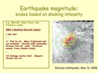 e.g. Mercalli, Rossi-Forel, San
Francisco scales
MMI (=Modified Mercalli Index)
I Not felt
…..
VI Felt by all. Many frightened and
run outdoors. Persons walk unsteadily.
Pictures fall off walls. Furniture
moved, trees shaken visibly.
….
XII Damage nearly total. Objects
thrown into air.
Earthquake magnitude:
scales based on shaking intensity
Sichuan earthquake, May 12, 2008
 