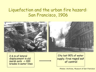 Liquefaction and the urban fire hazard:
San Francisco, 1906
2-6 m of lateral
displacement in old
marsh soils -> 300
breaks in water lines
City lost 90% of water
supply; fires raged out
of control
Photos: Archives, Museum of San Francisco
 