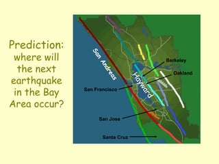 Prediction:
where will
the next
earthquake
in the Bay
Area occur?
San Francisco
San Jose
Santa Cruz
Berkeley
Oakland
 