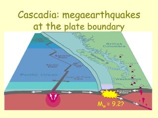 Cascadia: megaearthquakes
at the plate boundary
Mw = 9.2?
 