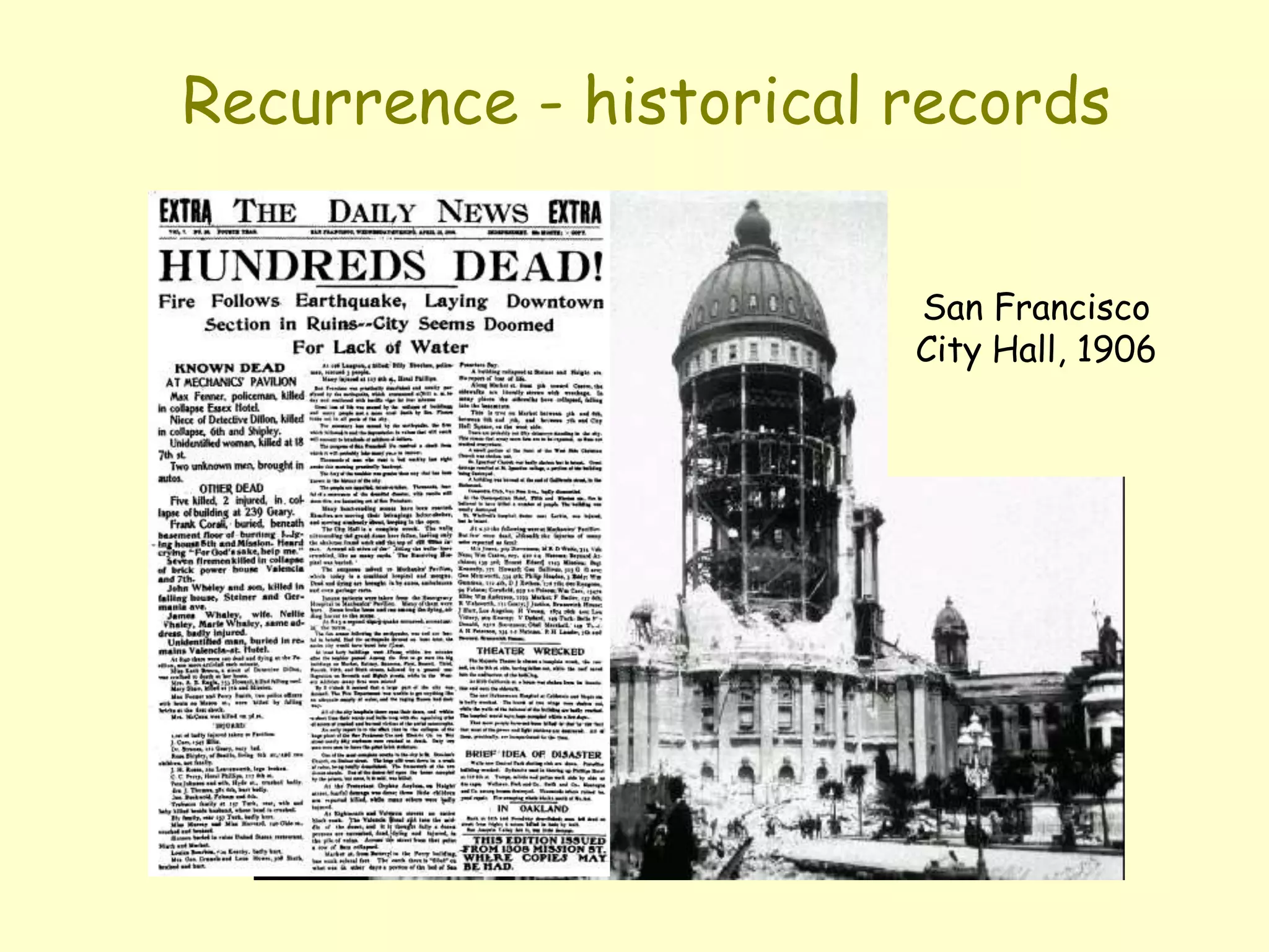 San Francisco
City Hall, 1906
Recurrence - historical records
 