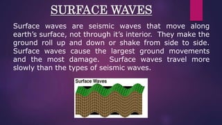 SURFACE WAVES
Surface waves are seismic waves that move along
earth’s surface, not through it’s interior. They make the
ground roll up and down or shake from side to side.
Surface waves cause the largest ground movements
and the most damage. Surface waves travel more
slowly than the types of seismic waves.
 