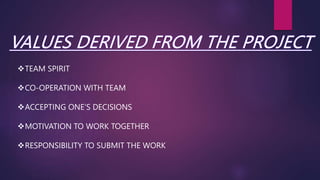 TEAM SPIRIT
CO-OPERATION WITH TEAM
ACCEPTING ONE’S DECISIONS
MOTIVATION TO WORK TOGETHER
RESPONSIBILITY TO SUBMIT THE WORK
 