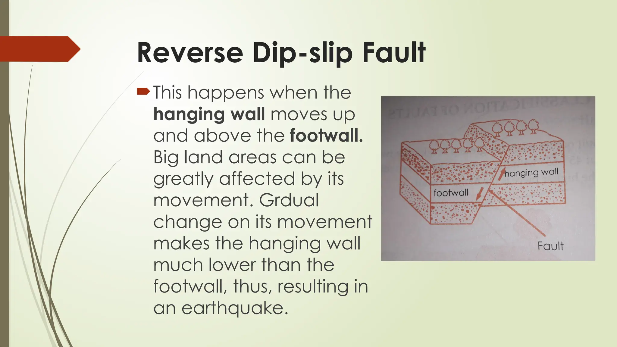 Reverse Dip-slip Fault
This happens when the
hanging wall moves up
and above the footwall.
Big land areas can be
greatly affected by its
movement. Grdual
change on its movement
makes the hanging wall
much lower than the
footwall, thus, resulting in
an earthquake.
 