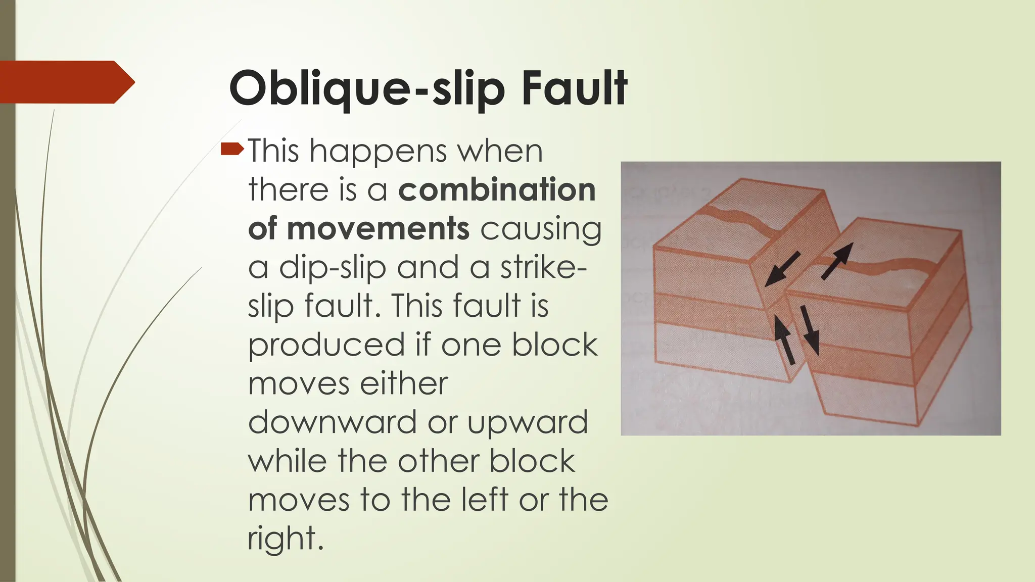 Oblique-slip Fault
This happens when
there is a combination
of movements causing
a dip-slip and a strike-
slip fault. This fault is
produced if one block
moves either
downward or upward
while the other block
moves to the left or the
right.
 