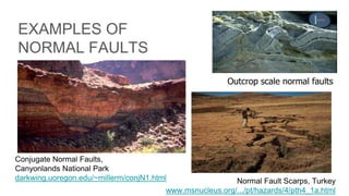 EXAMPLES OF
NORMAL FAULTS
Conjugate Normal Faults,
Canyonlands National Park
darkwing.uoregon.edu/~millerm/conjN1.html Normal Fault Scarps, Turkey
www.msnucleus.org/.../pt/hazards/4/pth4_1a.html
Outcrop scale normal faults
 