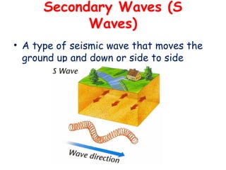 Secondary Waves (S
Waves)
• A type of seismic wave that moves the
ground up and down or side to side
 