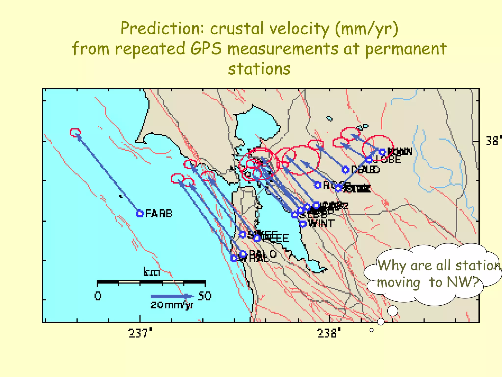 Prediction: crustal velocity (mm/yr)
from repeated GPS measurements at permanent
stations
Why are all stations
moving to NW?
 