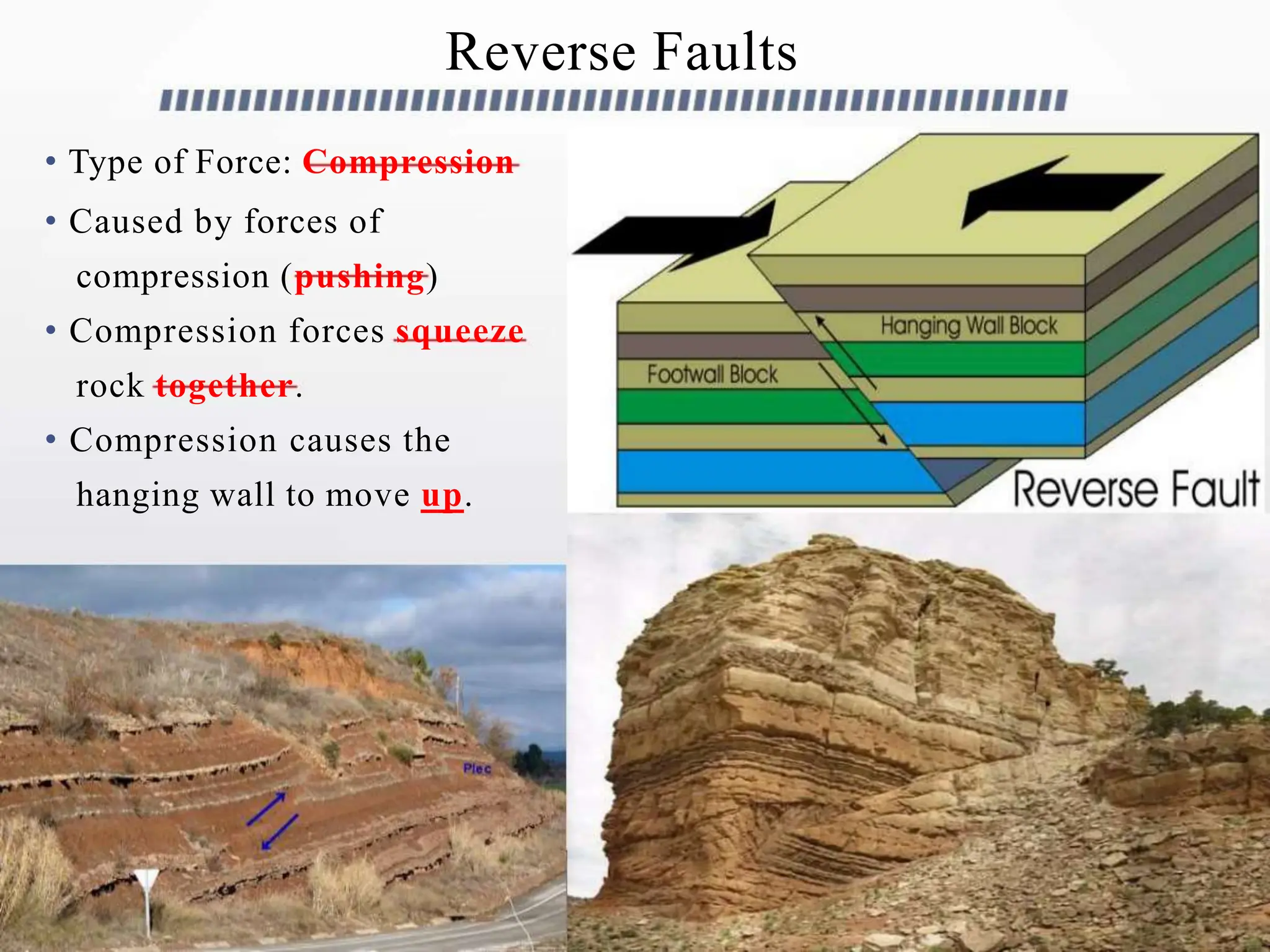 Reverse Faults
• Type of Force: Compression
• Caused by forces of
compression (pushing)
• Compression forces squeeze
rock together.
• Compression causes the
hanging wall to move up.
 