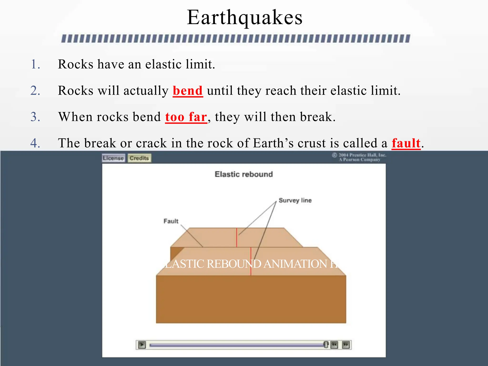 Earthquakes
1. Rocks have an elastic limit.
2. Rocks will actually bend until they reach their elastic limit.
3. When rocks bend too far, they will then break.
4. The break or crack in the rock of Earth’s crust is called a fault.
PLACE ELASTIC REBOUNDANIMATION HERE!
 