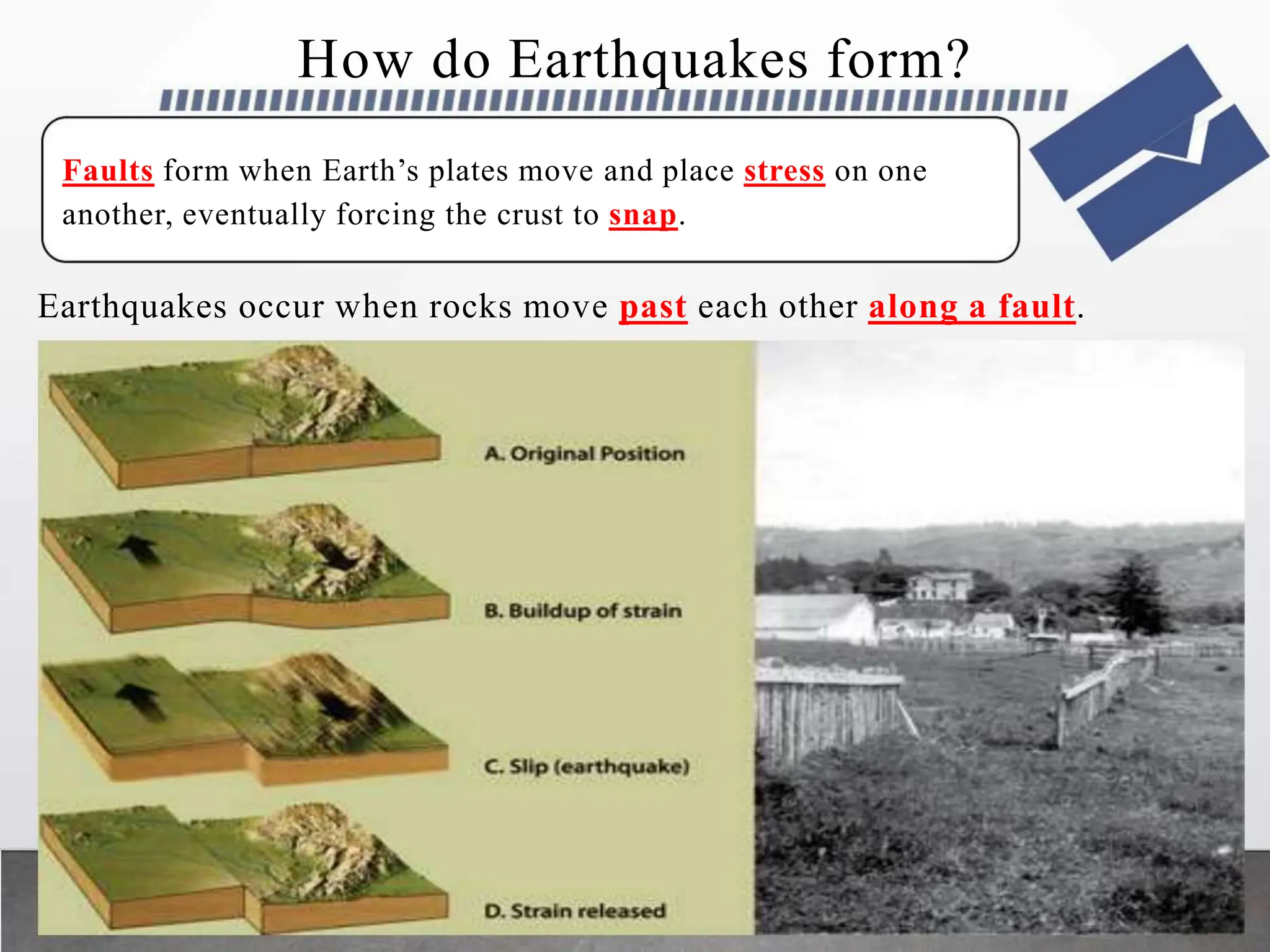 How do Earthquakes form?
Faults form when Earth’s plates move and place stress on one
another, eventually forcing the crust to snap.
Earthquakes occur when rocks move past each other along a fault.
 