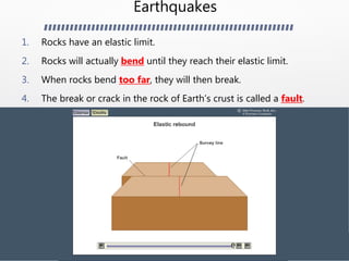 Earthquakes
1. Rocks have an elastic limit.
2. Rocks will actually bend until they reach their elastic limit.
3. When rocks bend too far, they will then break.
4. The break or crack in the rock of Earth’s crust is called a fault.
PLACE ELASTIC REBOUND ANIMATION HERE!
 