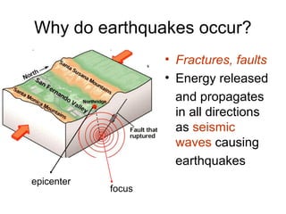 Why do earthquakes occur?
• Fractures, faults
• Energy released
and propagates
in all directions
as seismic
waves causing
earthquakes
focus
epicenter
 
