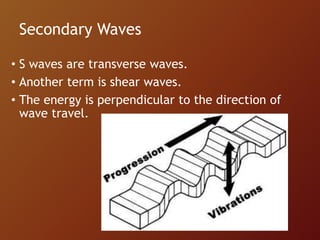 Secondary Waves
• S waves are transverse waves.
• Another term is shear waves.
• The energy is perpendicular to the direction of
wave travel.
 