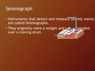 Seismograph
• Instruments that detect and measure seismic waves
are called Seismographs.
• They originally were a weight and pen suspended
over a moving drum.
 