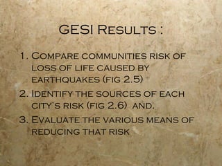 GESI Results :
1. Compare communities risk of
loss of life caused by
earthquakes (fig 2.5)
2. Identify the sources of each
city’s risk (fig 2.6) and.
3. Evaluate the various means of
reducing that risk
 