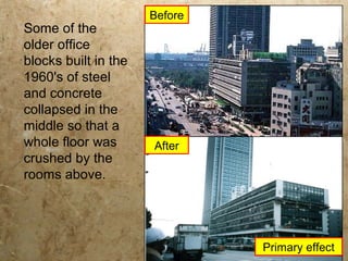 Some of the
older office
blocks built in the
1960's of steel
and concrete
collapsed in the
middle so that a
whole floor was
crushed by the
rooms above.
Before
After
Primary effect
 