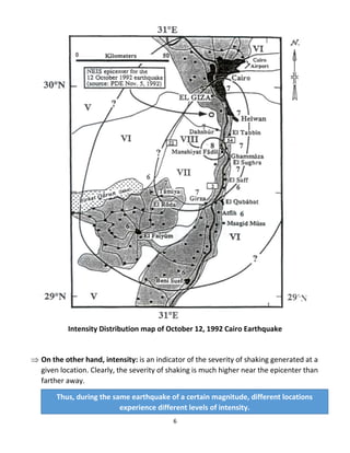 6
Intensity Distribution map of October 12, 1992 Cairo Earthquake
 On the other hand, intensity: is an indicator of the severity of shaking generated at a
given location. Clearly, the severity of shaking is much higher near the epicenter than
farther away.
Thus, during the same earthquake of a certain magnitude, different locations
experience different levels of intensity.
 