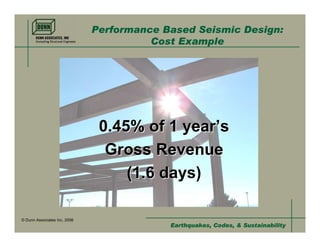 Performance Based Seismic Design:
                                        Cost Example




                               0.45% of 1 year’s
                                           year’s
                                Gross Revenue
                                   (1.6 days)

© Dunn Associates Inc, 2008
                                           Earthquakes, Codes, & Sustainability
 