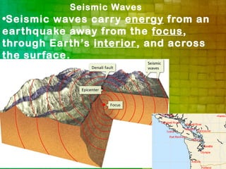 Seismic Waves
•Seismic waves carry energy from an
earthquake away from the focus,
through Earth’s interior, and across
the surface.
 