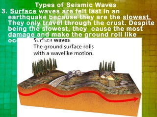 Types of Seismic Waves
3. Surface waves are felt last in an
  earthquake because they are the slowest.
  They only travel through the crust. Despite
  being the slowest, they cause the most
  damage and make the ground roll like
  ocean waves!
 