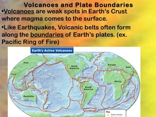 Volcanoes and Plate Boundaries
•Volcanoes are weak spots in Earth’s Crust
where magma comes to the surface.
•Like Earthquakes, Volcanic belts often form
along the boundaries of Earth’s plates. (ex.
Pacific Ring of Fire)
 