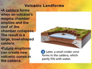Volcanic Landforms
•A caldera forms
when an volcano’s
magma chamber
empties and the
roof of the
chamber collapses.
The result is a
large, bowl-shaped
caldera.
•Future eruptions
can create new
volcanic cones in
the caldera.
 