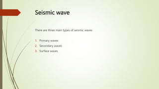 Seismic wave
There are three main types of seismic waves
1. Primary waves
2. Secondary waves
3. Surface waves
 