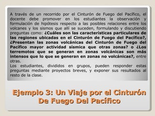 A través de un recorrido por el Cinturón de Fuego del Pacífico, el docente debe promover en los estudiantes la observación y formulación de hipótesis respecto a las posibles relaciones entre los volcanes y los sismos que allí se suceden, formulando y discutiendo preguntas como:  ¿Cuáles son las características particulares de las regiones ubicadas en el Cinturón de Fuego del Pacífico?, ¿Presentan las zonas volcánicas del Cinturón de Fuego del Pacífico mayor actividad sísmica que otras zonas? o ¿Los terremotos que se generan en zonas volcánicas son más intensos que lo que se generan en zonas no volcánicas?,  entre otras.  Los estudiantes, divididos en grupos, pueden responder estas preguntas mediante proyectos breves, y exponer sus resultados al resto de la clase. Ejemplo 3: Un Viaje por el Cinturón De Fuego Del Pacífico 