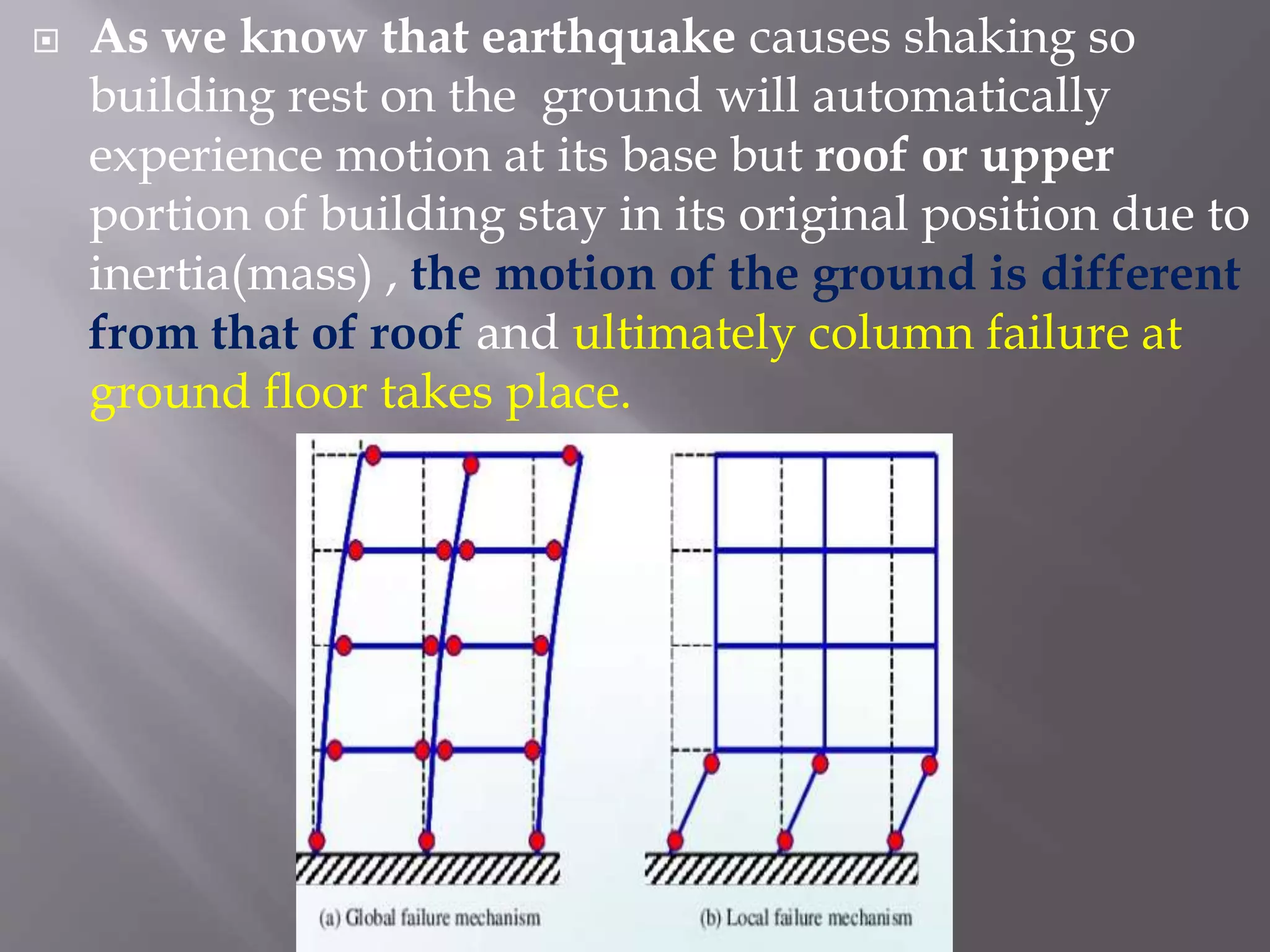  As we know that earthquake causes shaking so
building rest on the ground will automatically
experience motion at its base but roof or upper
portion of building stay in its original position due to
inertia(mass) , the motion of the ground is different
from that of roof and ultimately column failure at
ground floor takes place.
 