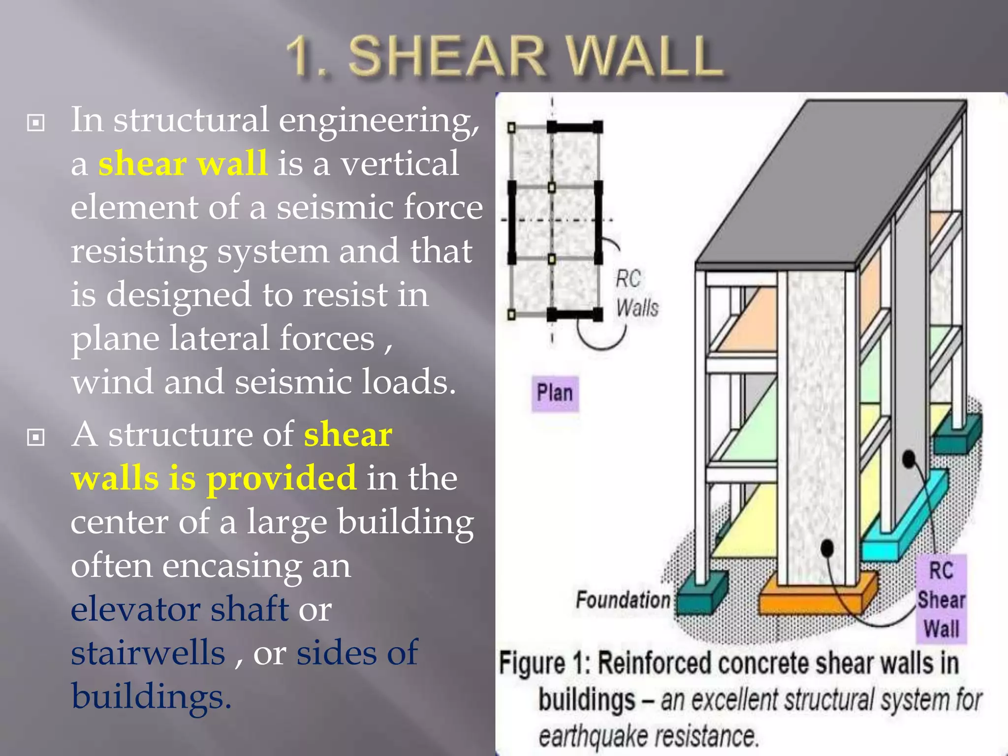  In structural engineering,
a shear wall is a vertical
element of a seismic force
resisting system and that
is designed to resist in
plane lateral forces ,
wind and seismic loads.
 A structure of shear
walls is provided in the
center of a large building
often encasing an
elevator shaft or
stairwells , or sides of
buildings.
 
