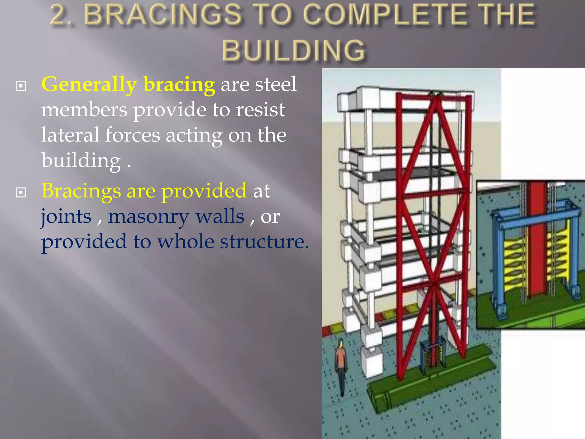  Generally bracing are steel
members provide to resist
lateral forces acting on the
building .
 Bracings are provided at
joints , masonry walls , or
provided to whole structure.
 