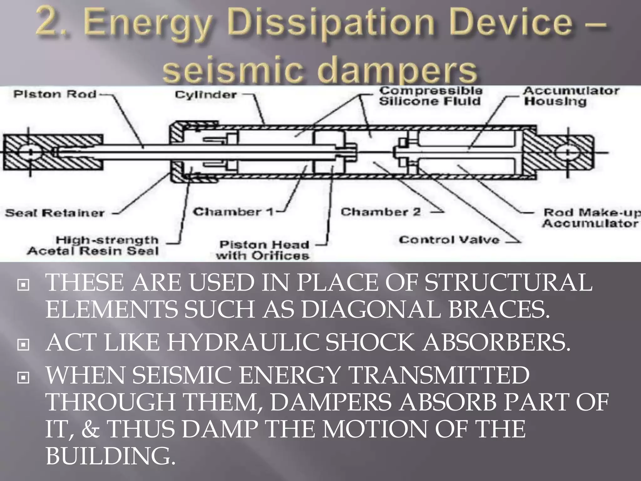  THESE ARE USED IN PLACE OF STRUCTURAL
ELEMENTS SUCH AS DIAGONAL BRACES.
 ACT LIKE HYDRAULIC SHOCK ABSORBERS.
 WHEN SEISMIC ENERGY TRANSMITTED
THROUGH THEM, DAMPERS ABSORB PART OF
IT, & THUS DAMP THE MOTION OF THE
BUILDING.
 