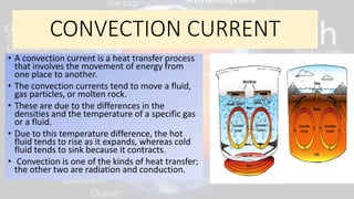 CONVECTION CURRENT
• A convection current is a heat transfer process
that involves the movement of energy from
one place to another.
• The convection currents tend to move a fluid,
gas particles, or molten rock.
• These are due to the differences in the
densities and the temperature of a specific gas
or a fluid.
• Due to this temperature difference, the hot
fluid tends to rise as it expands, whereas cold
fluid tends to sink because it contracts.
• Convection is one of the kinds of heat transfer;
the other two are radiation and conduction.
 