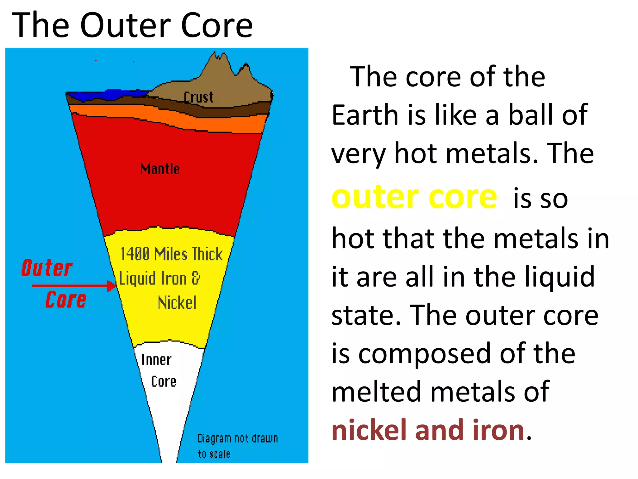 The Outer Core
The core of the
Earth is like a ball of
very hot metals. The
outer core is so
hot that the metals in
it are all in the liquid
state. The outer core
is composed of the
melted metals of
nickel and iron.
 