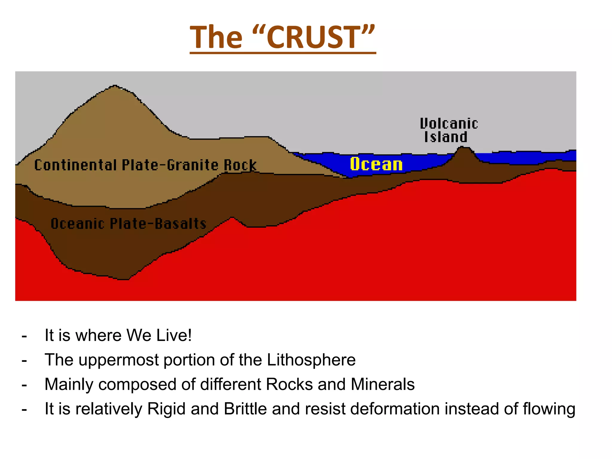 The “CRUST”
- It is where We Live!
- The uppermost portion of the Lithosphere
- Mainly composed of different Rocks and Minerals
- It is relatively Rigid and Brittle and resist deformation instead of flowing
 