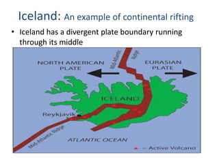 • Iceland has a divergent plate boundary running
through its middle
Iceland: An example of continental rifting
 