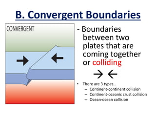 B. Convergent Boundaries
- Boundaries
between two
plates that are
coming together
or colliding
 
• There are 3 types…
– Continent-continent collision
– Continent-oceanic crust collision
– Ocean-ocean collision
 