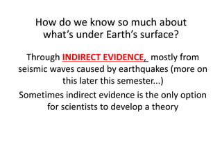 How do we know so much about
what’s under Earth’s surface?
Through INDIRECT EVIDENCE, mostly from
seismic waves caused by earthquakes (more on
this later this semester...)
Sometimes indirect evidence is the only option
for scientists to develop a theory
 