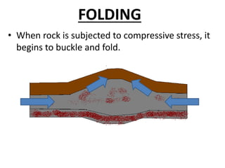 FOLDING
• When rock is subjected to compressive stress, it
begins to buckle and fold.
 