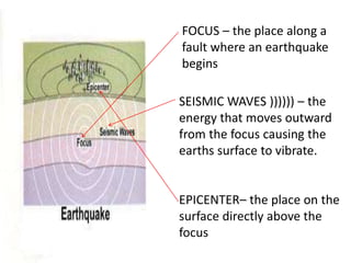 FOCUS – the place along a
fault where an earthquake
begins
SEISMIC WAVES )))))) – the
energy that moves outward
from the focus causing the
earths surface to vibrate.
EPICENTER– the place on the
surface directly above the
focus
 