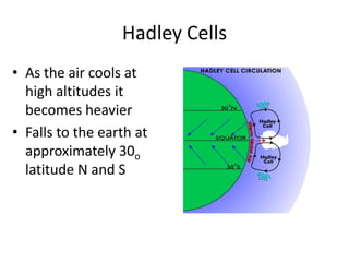 Hadley Cells
• As the air cools at
  high altitudes it
  becomes heavier
• Falls to the earth at
  approximately 30o
  latitude N and S
 