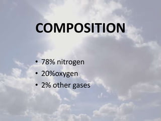 COMPOSITION
• 78% nitrogen
• 20%oxygen
• 2% other gases

 