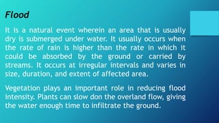 Flood
It is a natural event wherein an area that is usually
dry is submerged under water. It usually occurs when
the rate of rain is higher than the rate in which it
could be absorbed by the ground or carried by
streams. It occurs at irregular intervals and varies in
size, duration, and extent of affected area.
Vegetation plays an important role in reducing flood
intensity. Plants can slow don the overland flow, giving
the water enough time to infiltrate the ground.
 