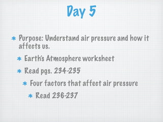Day 5
Purpose: Understand air pressure and how it
affects us.
 Earth’s Atmosphere worksheet
 Read pgs. 234-235
   Four factors that affect air pressure
     Read 236-237
 