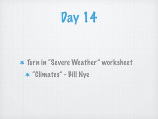Day 14


Turn in “Severe Weather” worksheet
 “Climates” - Bill Nye
 