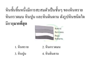 หินชั้นชิ้นหนึ่งมีการสะสมตัวเป็นชั้นๆ ของหินทราย หินกรวดมน หินปูน และหินดินดาน ดังรูปหินชนิดใด มีอายุมากที่สุด 
1. หินทราย 2. หินกรวดมน 
3. หินปูน 4. หินดินดาน  