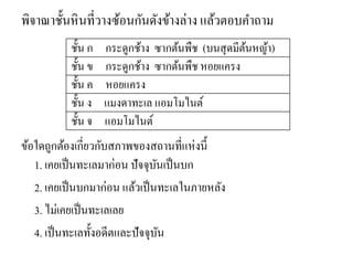 พิจาณาชั้นหินที่วางซ้อนกันดังข้างล่าง แล้วตอบคาถาม 
ข้อใดถูกต้องเกี่ยวกับสภาพของสถานที่แห่งนี้ 1. เคยเป็นทะเลมาก่อน ปัจจุบันเป็นบก 
2. เคยเป็นบกมาก่อน แล้วเป็นทะเลในภายหลัง 
3. ไม่เคยเป็นทะเลเลย 
4. เป็นทะเลทั้งอดีตและปัจจุบัน 
ชั้น ก กระดูกช้าง ซากต้นพืช (บนสุดมีต้นหญ้า) 
ชั้น ข กระดูกช้าง ซากต้นพืช หอยแครง 
ชั้น ค หอยแครง 
ชั้น ง แมงดาทะเล แอมโมไนต์ 
ชั้น จ แอมโมไนต์  